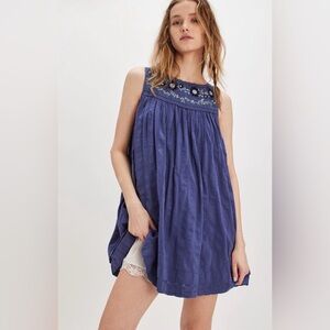 Free People Steel Blue Embroidered Mini Dress